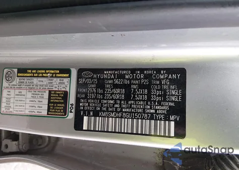 2016 Hyundai Santa Fe Se from USA, damaged, VIN KM8SMDHF8GU150787